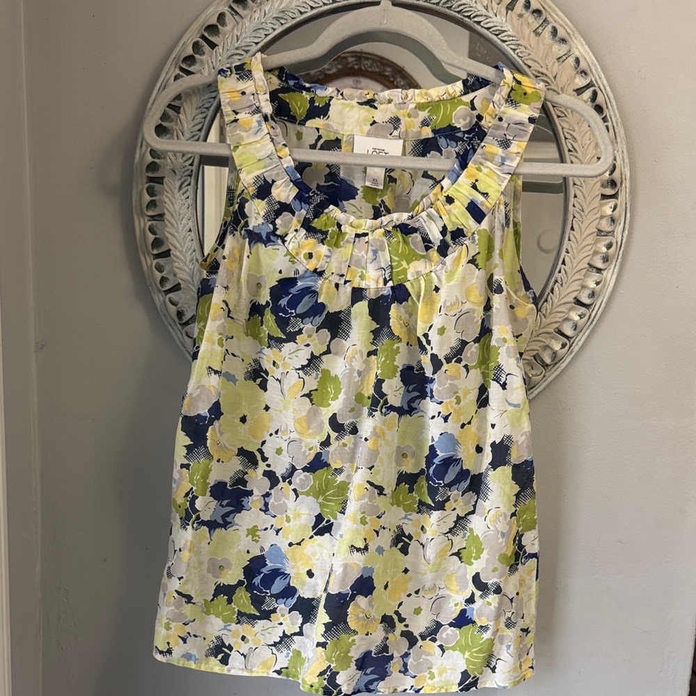 Sleeveless Floral Ruffle Neck Tank - Navy, Lime & White